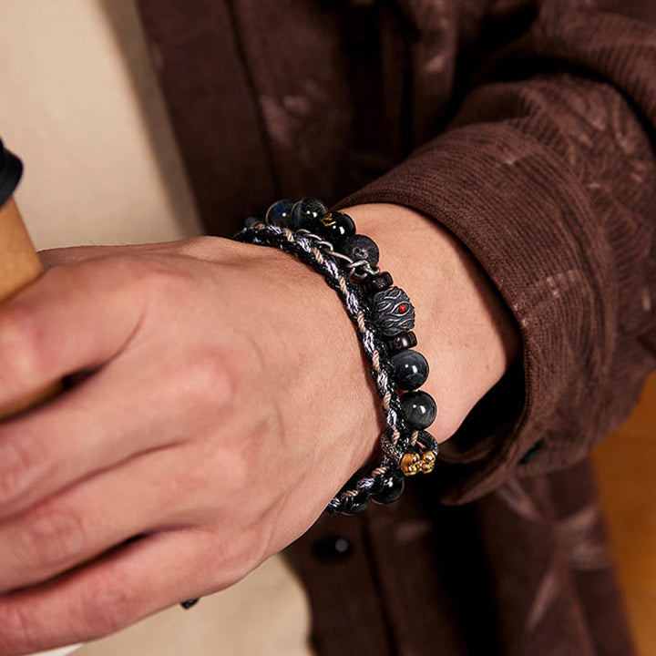 Bracelet de guérison fait main en argent sterling 925 avec Buddha Stones de lave et œil d'aigle