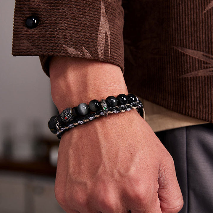 Bracelet de guérison fait main en argent sterling 925 avec Buddha Stones de lave et œil d'aigle