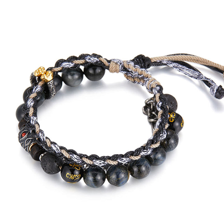 Bracelet de guérison fait main en argent sterling 925 avec Buddha Stones de lave et œil d'aigle