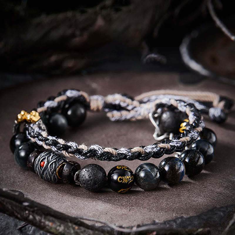 Bracelet de guérison fait main en argent sterling 925 avec Buddha Stones de lave et œil d'aigle