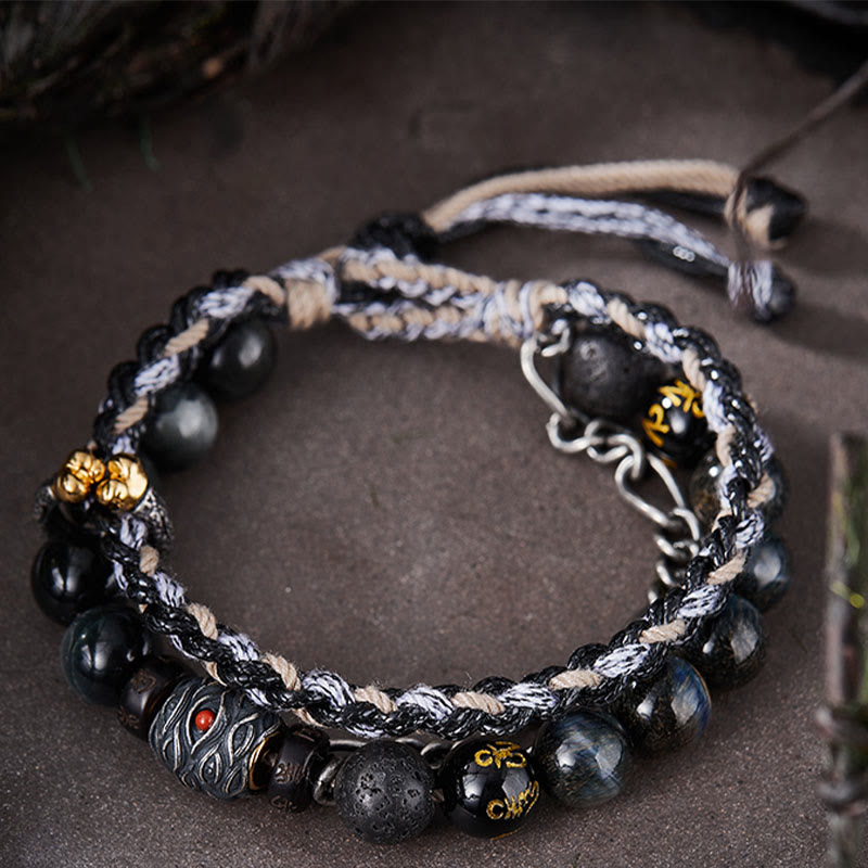 Bracelet de guérison fait main en argent sterling 925 avec Buddha Stones de lave et œil d'aigle