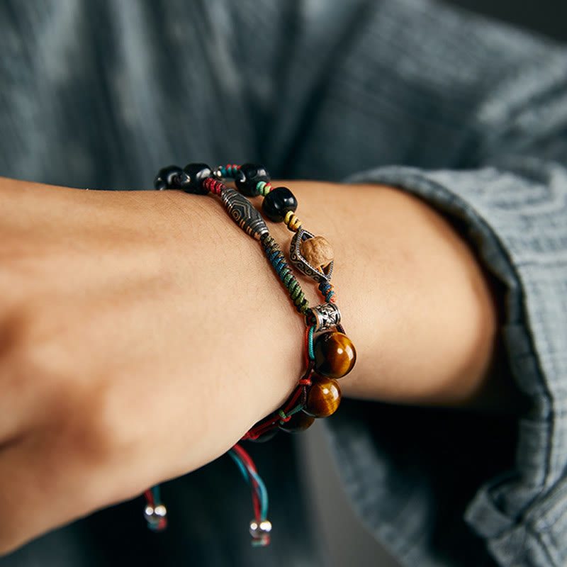 Bracelet courageux fait main en argent sterling 925 avec œil de tigre et graine de Bodhi de Buddha Stones