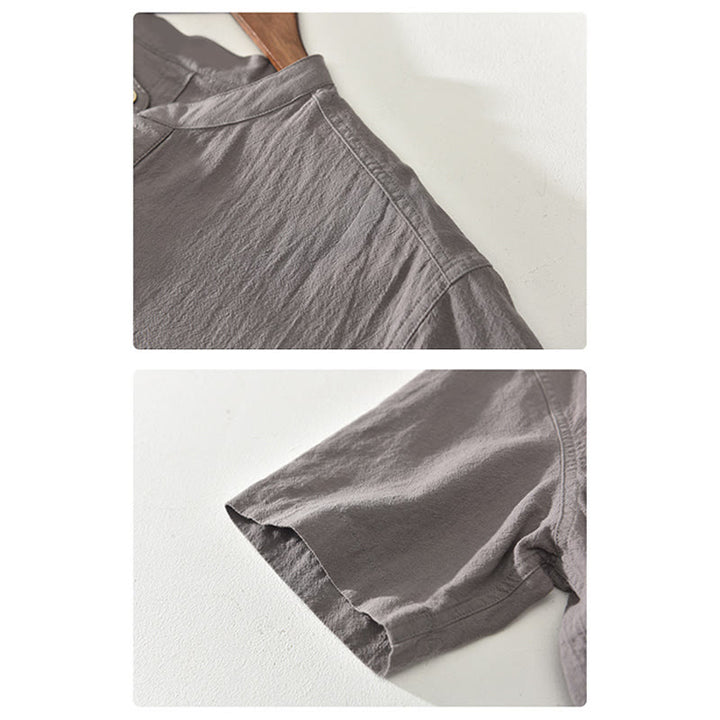 Chemise à manches courtes et demi-bouton en coton et lin pour homme, couleur unie, Buddha Stones - image 14