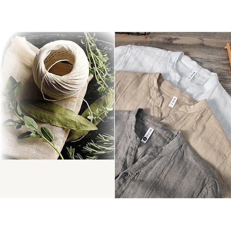 Chemise à manches longues et demi-boutonnée en coton et lin avec Buddha Stones , couleur unie, vêtements pour hommes - image 18