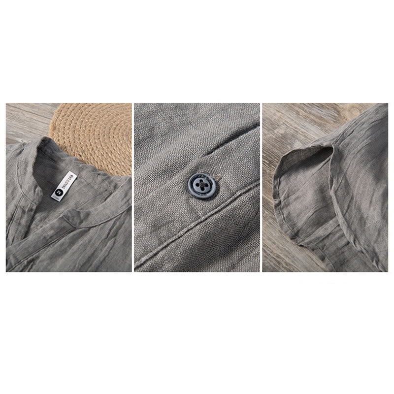 Chemise à manches courtes et demi-bouton en Coton et lin de couleur unie Buddha Stones pour hommes - image 11