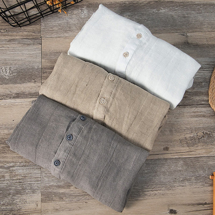 Chemise à manches longues et demi-boutonnée en coton et lin avec Buddha Stones , couleur unie, vêtements pour hommes - image 1