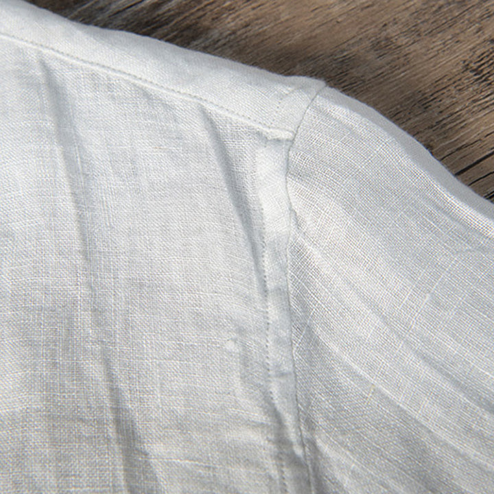 Chemise à manches courtes et demi-bouton en Coton et lin de couleur unie Buddha Stones pour hommes - image 14