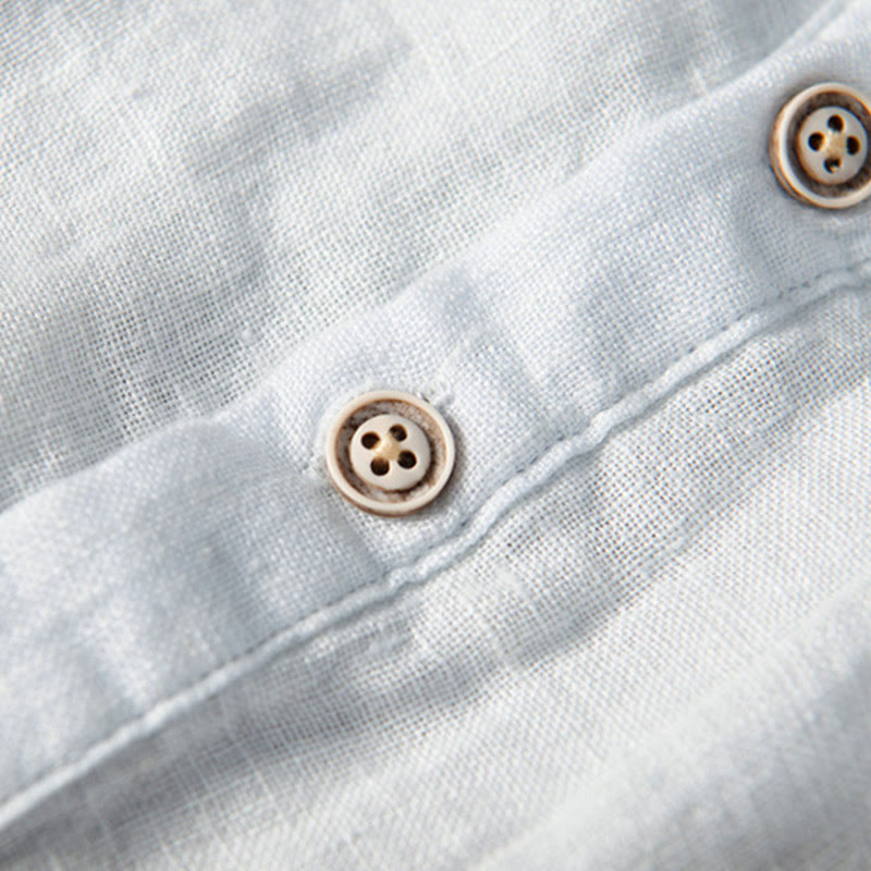 Chemise à manches courtes et demi-bouton en Coton et lin de couleur unie Buddha Stones pour hommes - image 15