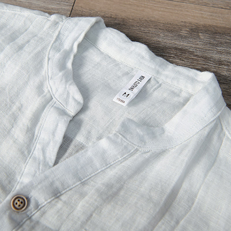 Chemise à manches courtes et demi-bouton en Coton et lin de couleur unie Buddha Stones pour hommes - image 13