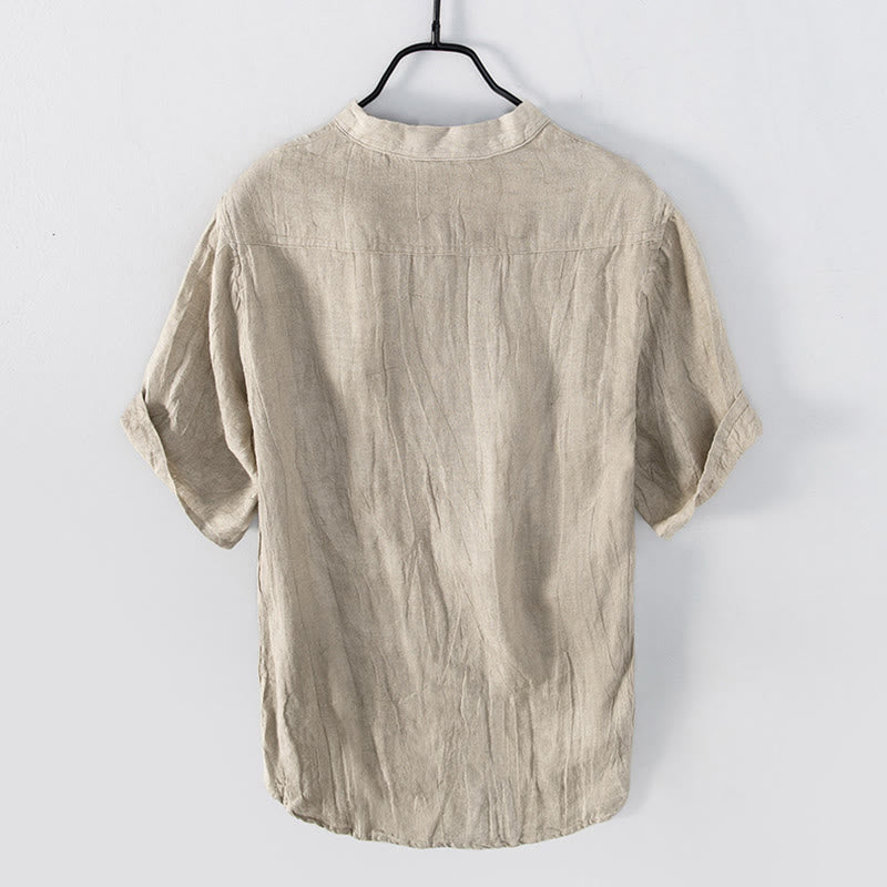 Chemise à manches courtes et demi-bouton en Coton et lin de couleur unie Buddha Stones pour hommes - image 18