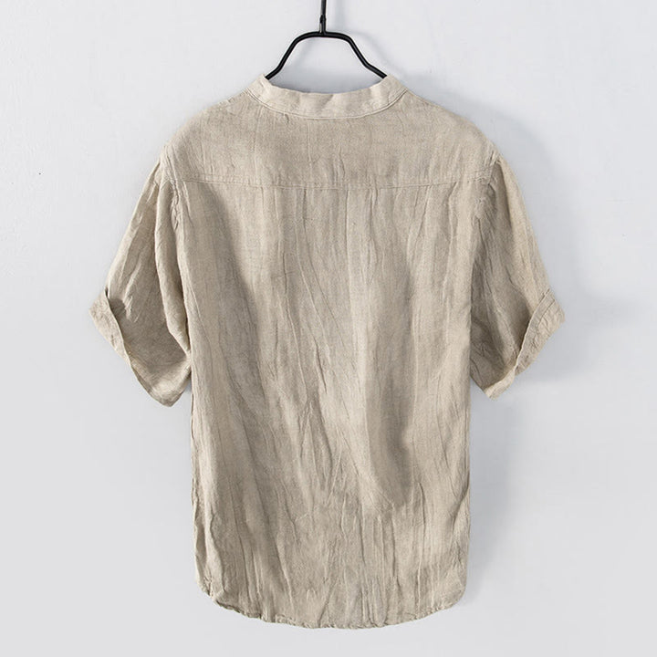 Chemise à manches courtes et demi-bouton en Coton et lin de couleur unie Buddha Stones pour hommes - image 18