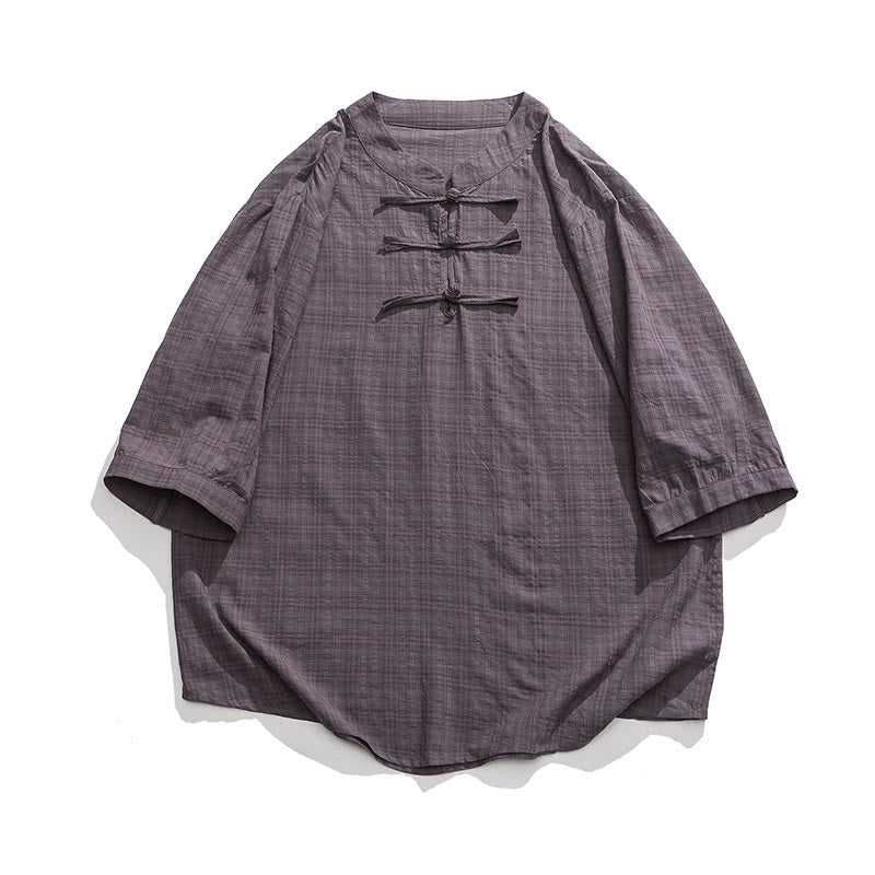 Chemise à manches mi-longues en coton et lin pour homme, motif à carreaux avec boutons de grenouille et Buddha Stones