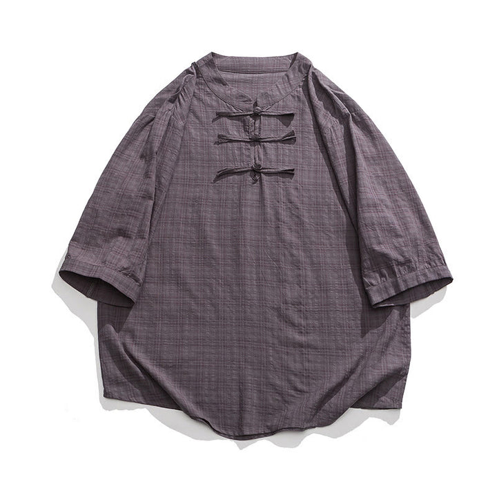 Chemise à manches mi-longues en coton et lin pour homme, motif à carreaux avec boutons de grenouille et Buddha Stones