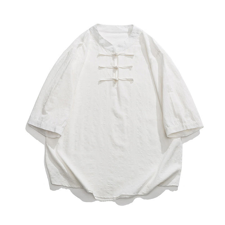 Chemise à manches mi-longues en coton et lin pour homme, motif à carreaux avec boutons de grenouille et Buddha Stones