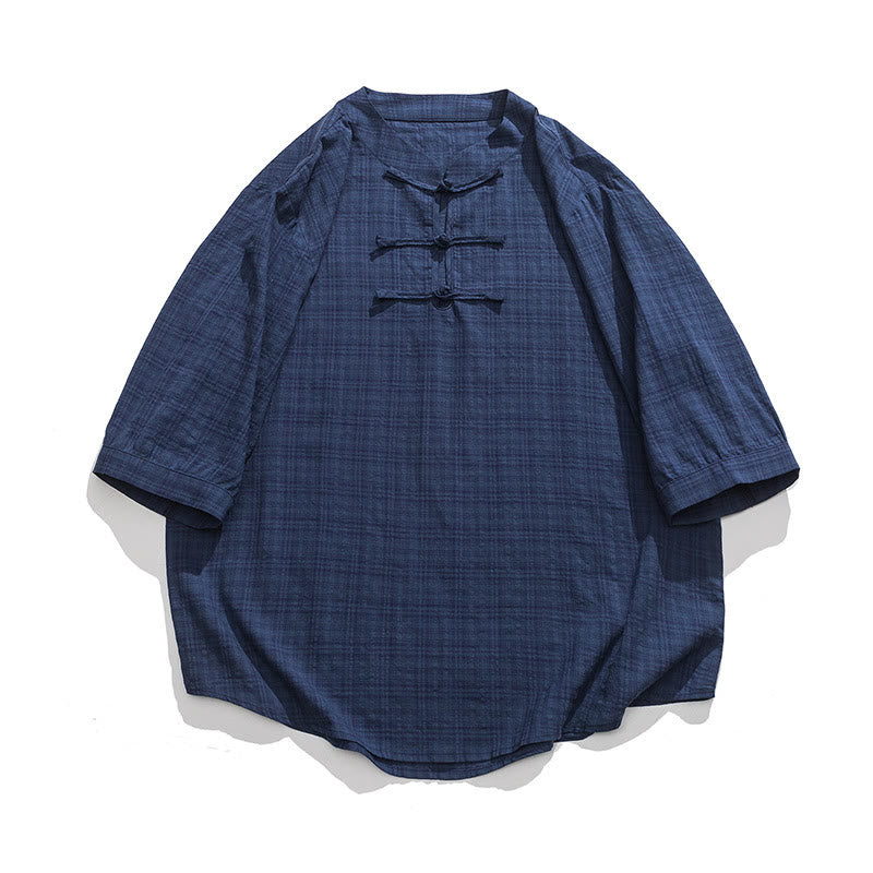 Chemise à manches mi-longues en coton et lin pour homme, motif à carreaux avec boutons de grenouille et Buddha Stones