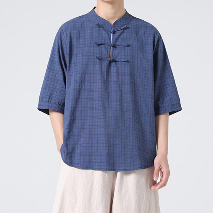 Chemise à manches mi-longues en coton et lin pour homme, motif à carreaux avec boutons de grenouille et Buddha Stones