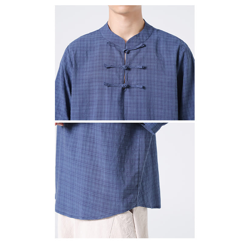Chemise à manches mi-longues en coton et lin pour homme, motif à carreaux avec boutons de grenouille et Buddha Stones