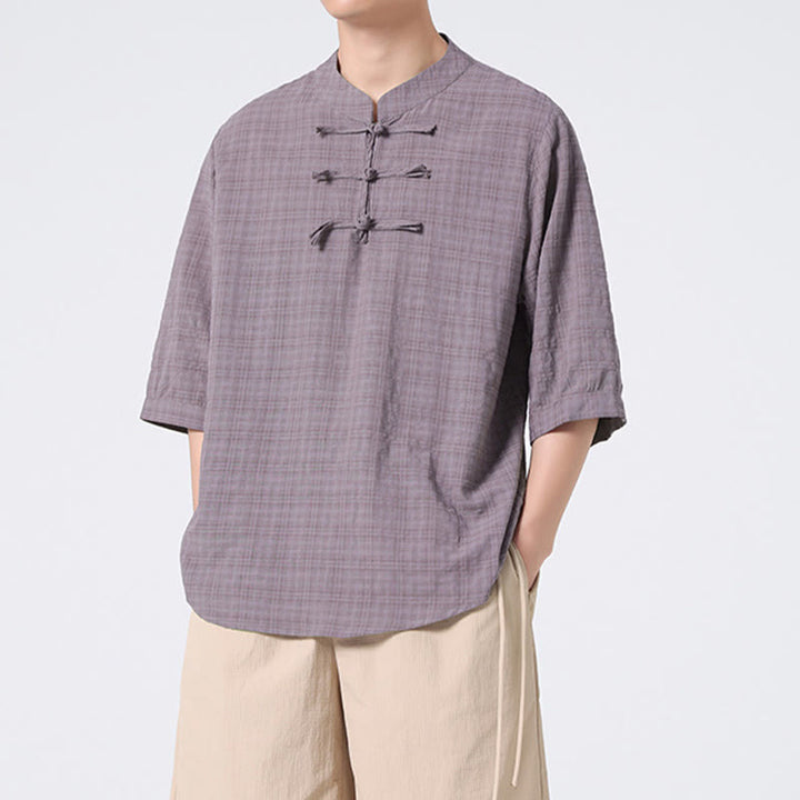 Chemise à manches mi-longues en coton et lin pour homme, motif à carreaux avec boutons de grenouille et Buddha Stones