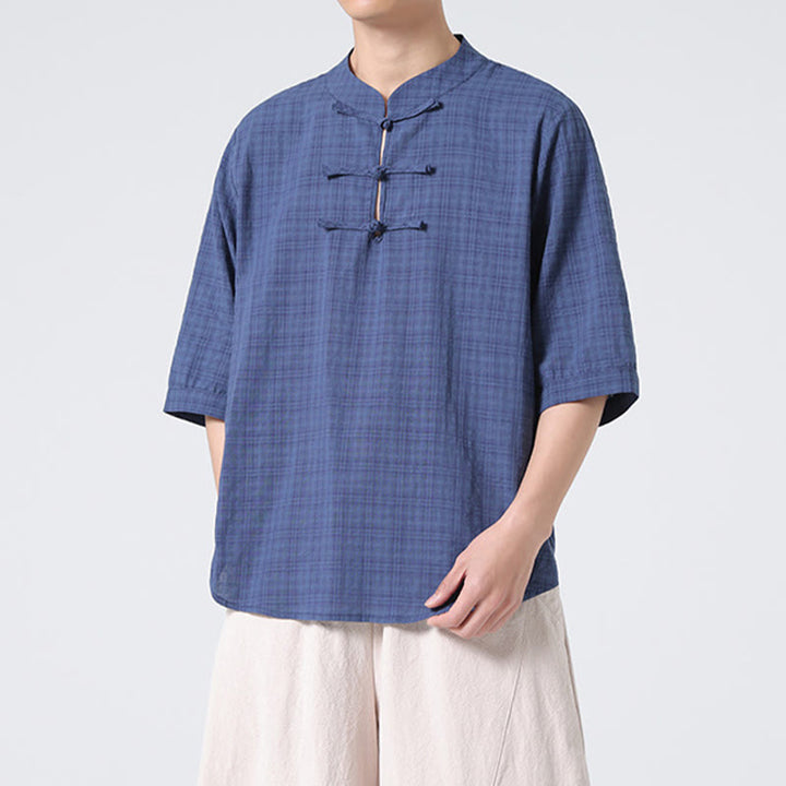 Chemise à manches mi-longues en coton et lin pour homme, motif à carreaux avec boutons de grenouille et Buddha Stones