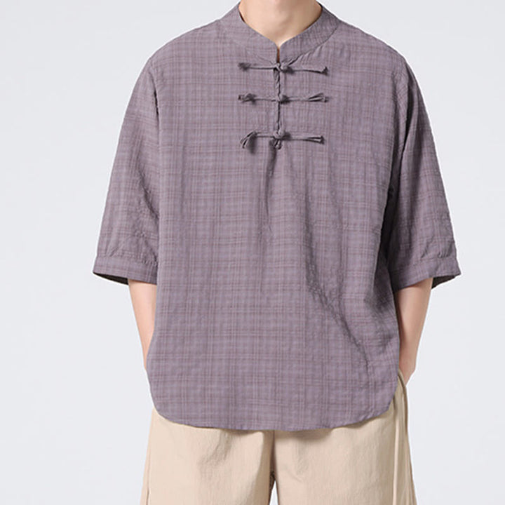 Chemise à manches mi-longues en coton et lin pour homme, motif à carreaux avec boutons de grenouille et Buddha Stones