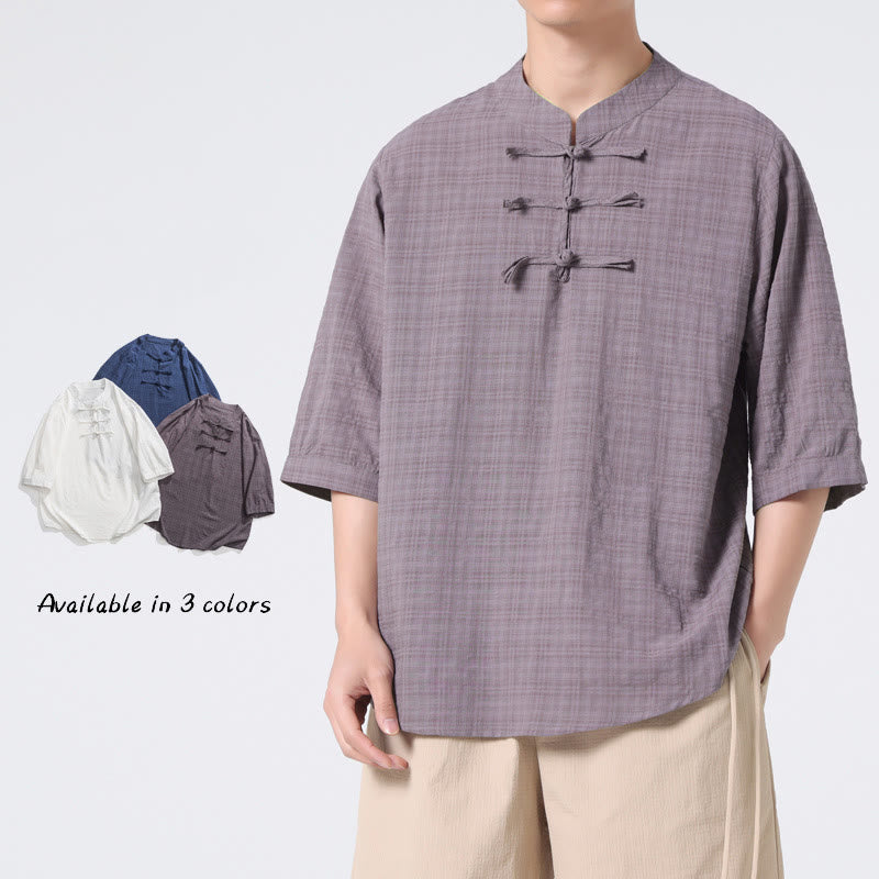 Chemise à manches mi-longues en coton et lin pour homme, motif à carreaux avec boutons de grenouille et Buddha Stones
