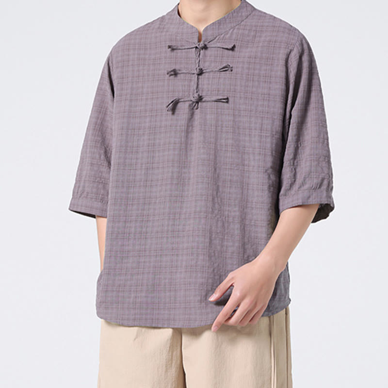 Chemise à manches mi-longues en coton et lin pour homme, motif à carreaux avec boutons de grenouille et Buddha Stones