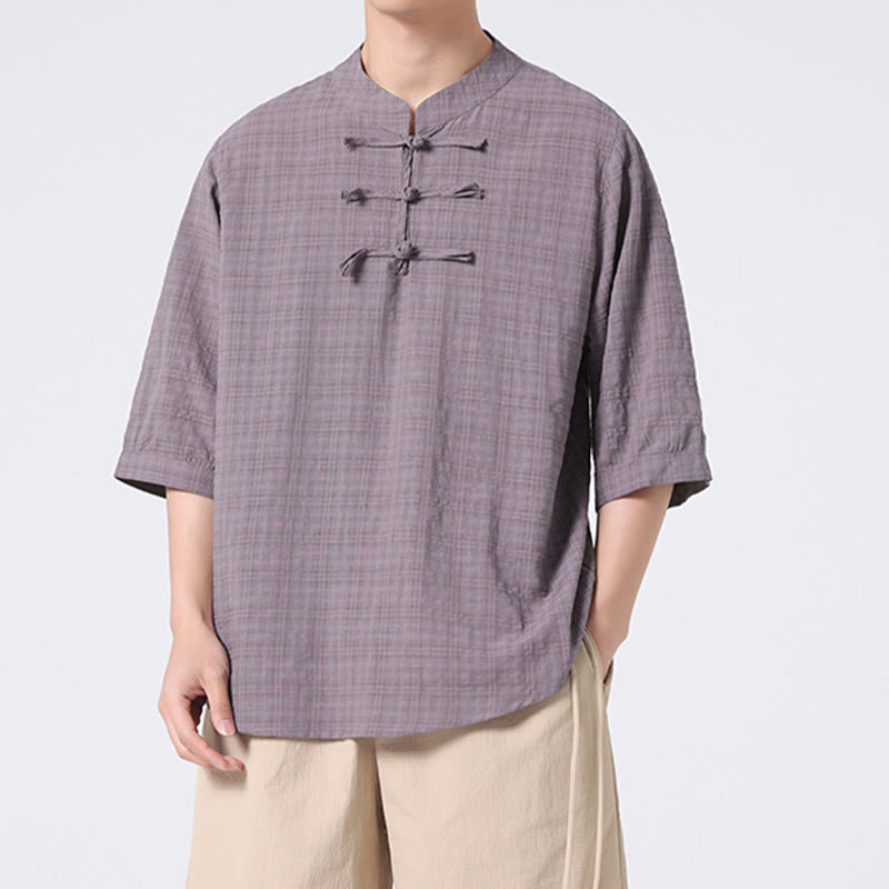 Chemise à manches mi-longues en coton et lin pour homme, motif à carreaux avec boutons de grenouille et Buddha Stones