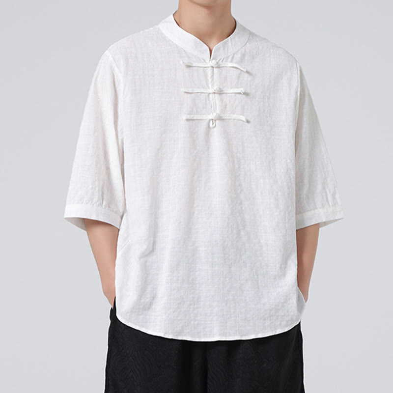 Chemise à manches mi-longues en coton et lin pour homme, motif à carreaux avec boutons de grenouille et Buddha Stones