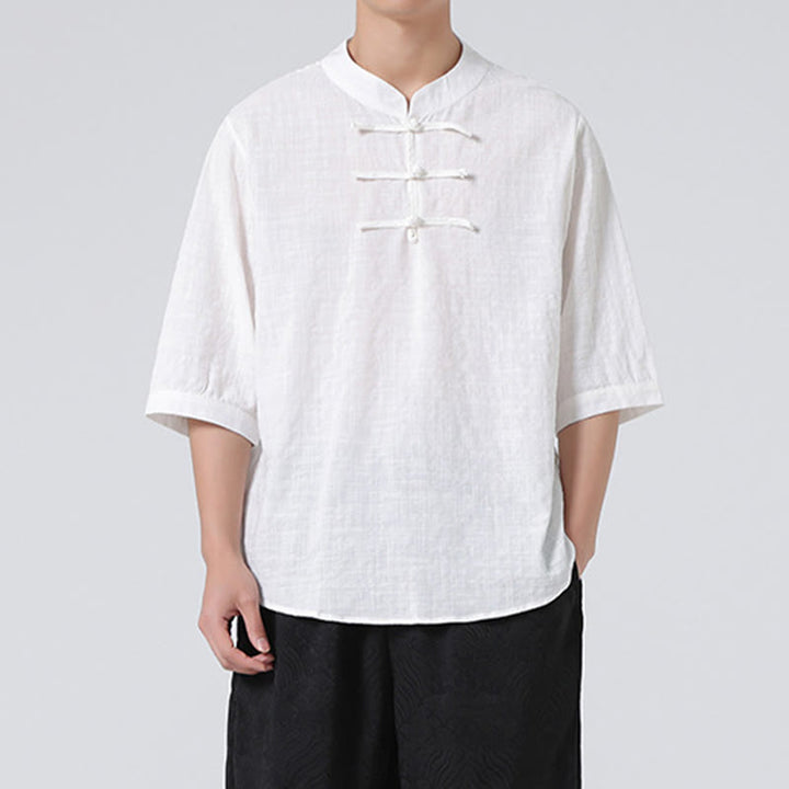 Chemise à manches mi-longues en coton et lin pour homme, motif à carreaux avec boutons de grenouille et Buddha Stones