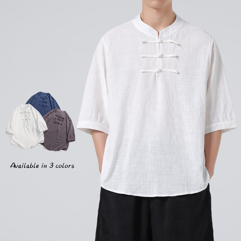 Chemise à manches mi-longues en coton et lin pour homme, motif à carreaux avec boutons de grenouille et Buddha Stones