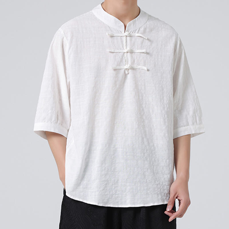 Chemise à manches mi-longues en coton et lin pour homme, motif à carreaux avec boutons de grenouille et Buddha Stones