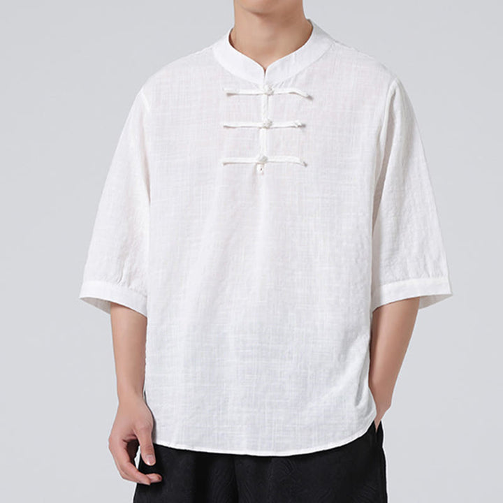 Chemise à manches mi-longues en coton et lin pour homme, motif à carreaux avec boutons de grenouille et Buddha Stones