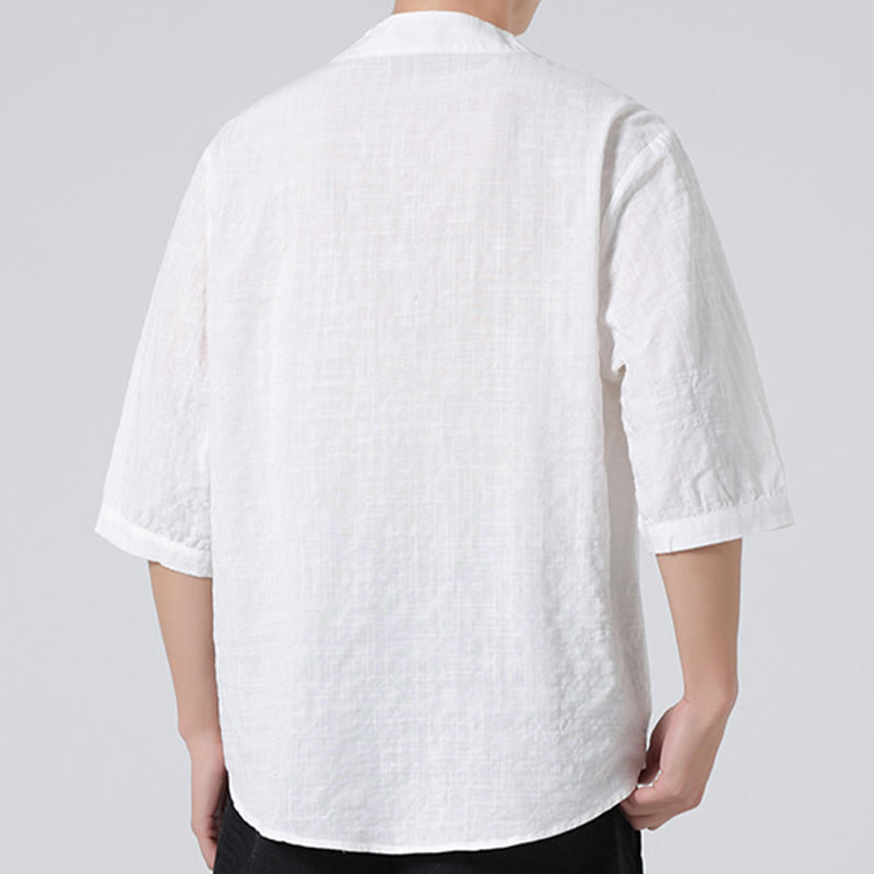 Chemise à manches mi-longues en coton et lin pour homme, motif à carreaux avec boutons de grenouille et Buddha Stones