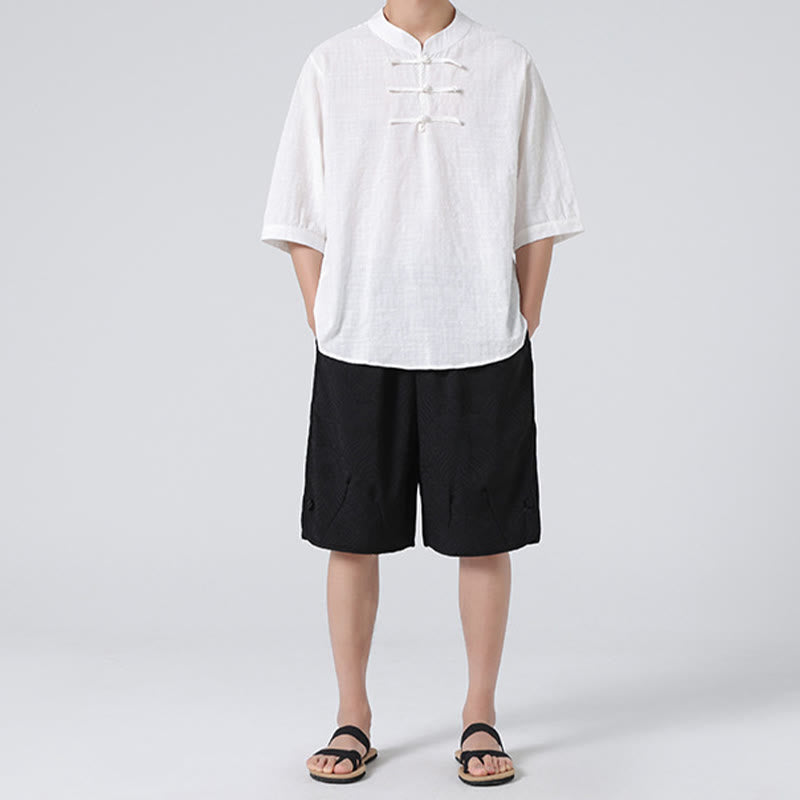 Chemise à manches mi-longues en coton et lin pour homme, motif à carreaux avec boutons de grenouille et Buddha Stones