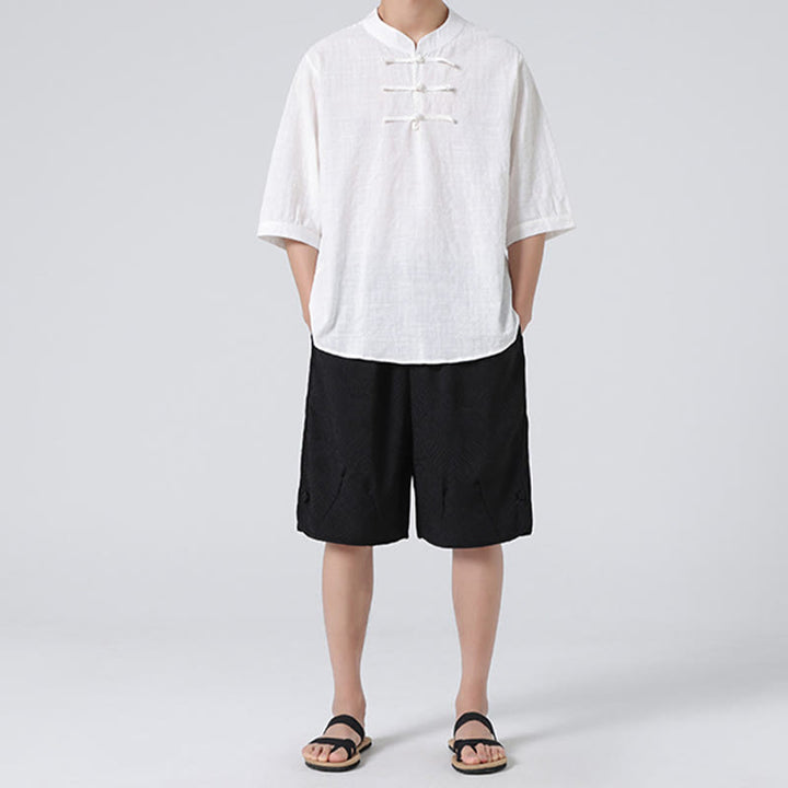 Chemise à manches mi-longues en coton et lin pour homme, motif à carreaux avec boutons de grenouille et Buddha Stones