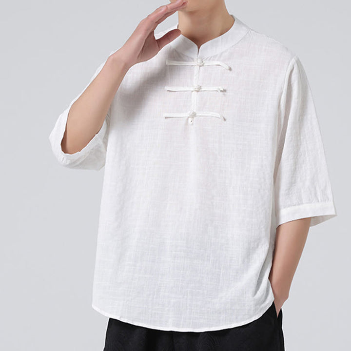 Chemise à manches mi-longues en coton et lin pour homme, motif à carreaux avec boutons de grenouille et Buddha Stones