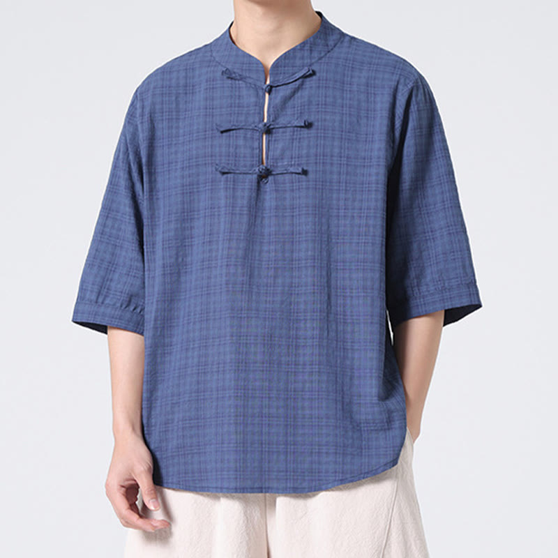 Chemise à manches mi-longues en coton et lin pour homme, motif à carreaux avec boutons de grenouille et Buddha Stones