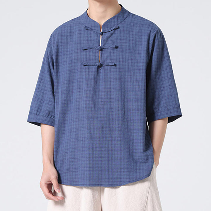 Chemise à manches mi-longues en coton et lin pour homme, motif à carreaux avec boutons de grenouille et Buddha Stones