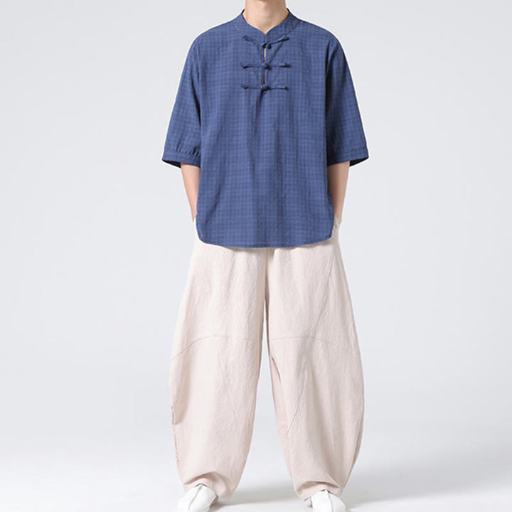 Chemise à manches mi-longues en coton et lin pour homme, motif à carreaux avec boutons de grenouille et Buddha Stones