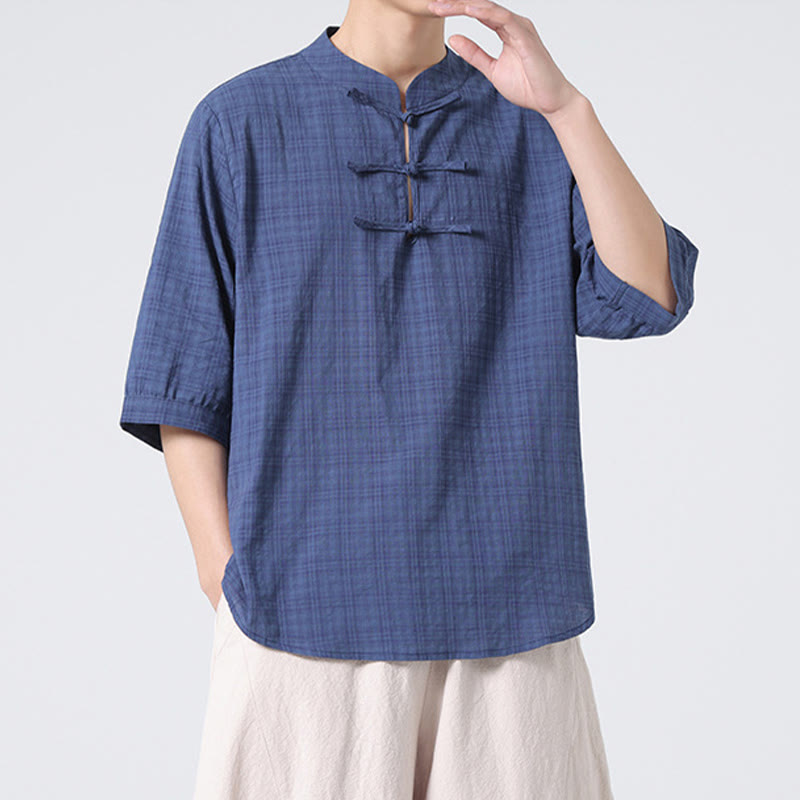 Chemise à manches mi-longues en coton et lin pour homme, motif à carreaux avec boutons de grenouille et Buddha Stones