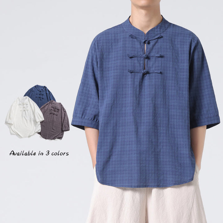 Chemise à manches mi-longues en coton et lin pour homme, motif à carreaux avec boutons de grenouille et Buddha Stones