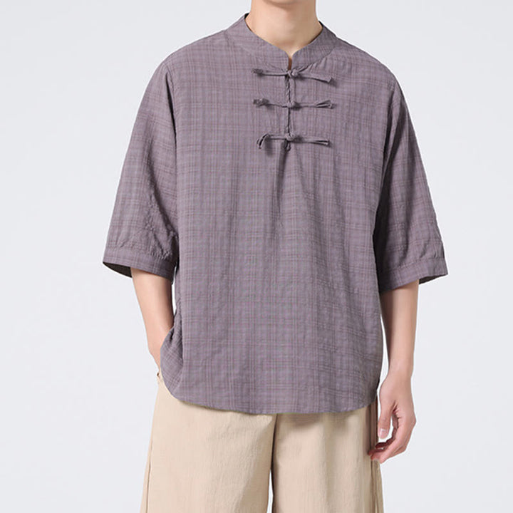 Chemise à manches mi-longues en coton et lin pour homme, motif à carreaux avec boutons de grenouille et Buddha Stones