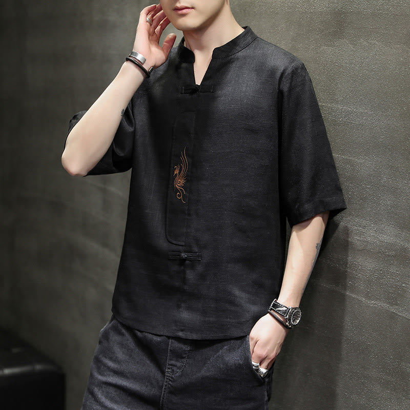 Chemise à manches courtes en coton et lin pour homme, costume chinois Tang brodé avec boutons de grenouille et Buddha Stones - image 18