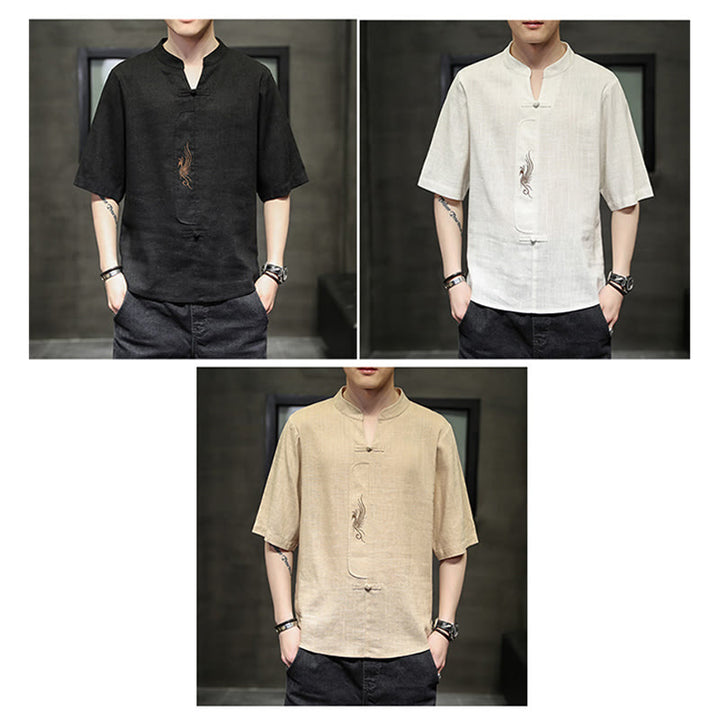 Chemise à manches courtes en coton et lin pour homme, costume chinois Tang brodé avec boutons de grenouille et Buddha Stones - image 25