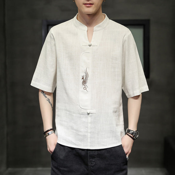 Chemise à manches courtes en coton et lin pour homme, costume chinois Tang brodé avec boutons de grenouille et Buddha Stones - image 2