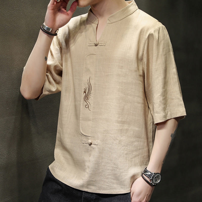 Chemise à manches courtes en coton et lin pour homme, costume chinois Tang brodé avec boutons de grenouille et Buddha Stones - image 14