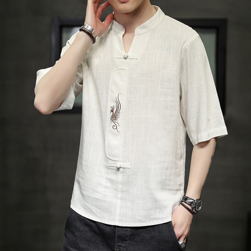 Chemise à manches courtes en coton et lin pour homme, costume chinois Tang brodé avec boutons de grenouille et Buddha Stones - image 6