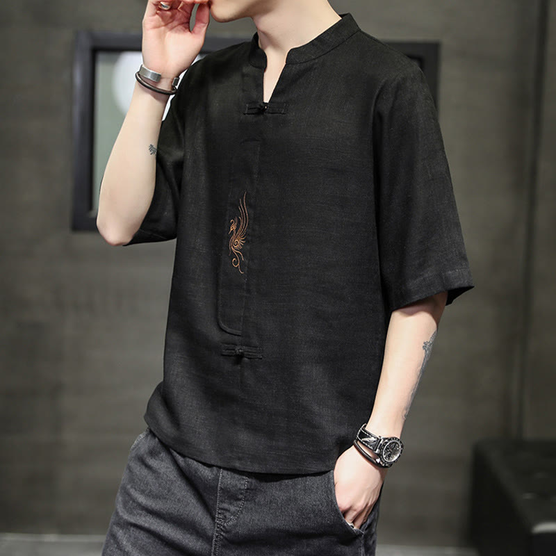 Chemise à manches courtes en coton et lin pour homme, costume chinois Tang brodé avec boutons de grenouille et Buddha Stones - image 22