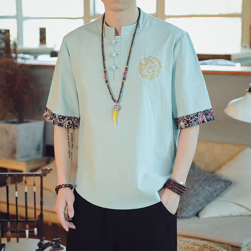Chemise à manches courtes en lin pour homme, costume chinois Tang brodé avec boutons de grenouille et Buddha Stones - Crème à la menthe - US/UK/AU46,EU56 (5XL)  - image 11