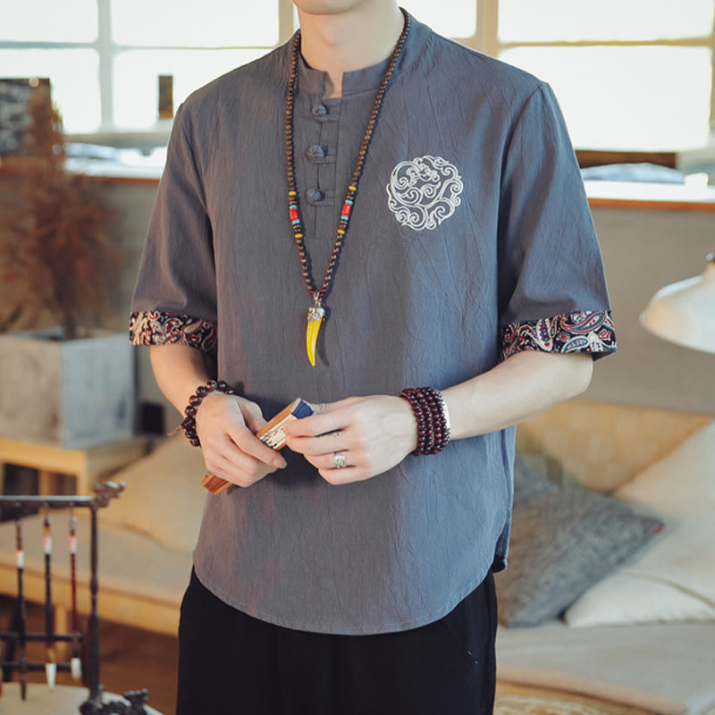 Chemise à manches courtes en lin pour homme, costume chinois Tang brodé avec boutons de grenouille et Buddha Stones - image 1